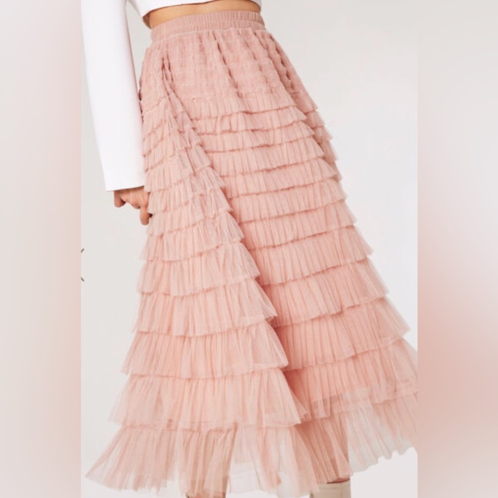 NWT APRCOT Stunning layered Tulle Midi Skirt sz Small Stone colour ruffles lined - Picture 13 of 16